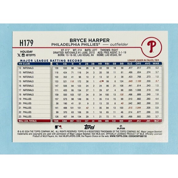 2024 Topps Holiday - 6 Phillies-Harper(SP + 1) Schwarbwr, Turner, Wheeler &Rojas - Picture 3 of 3